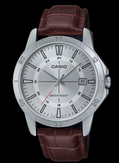 Casio Silver Dial Brown Leather Strap Analog Quartz Men's Watch